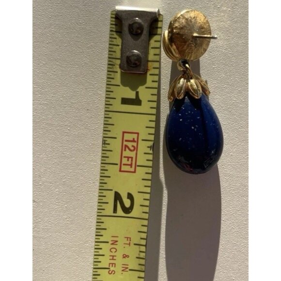Vintage Neoclassical Faux Malacite & Faux Lapis Lazuli Gold Tone Earrings Boho - Picture 7 of 11
